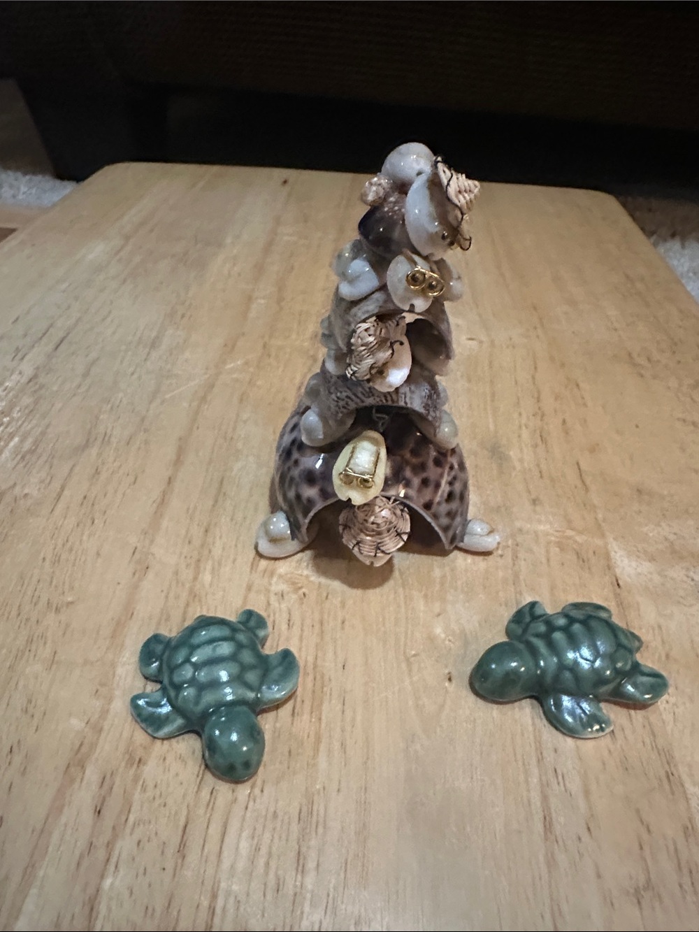 Decorative Shell Pyramid with Green Ceramic Turtle Accents - Natural/Green